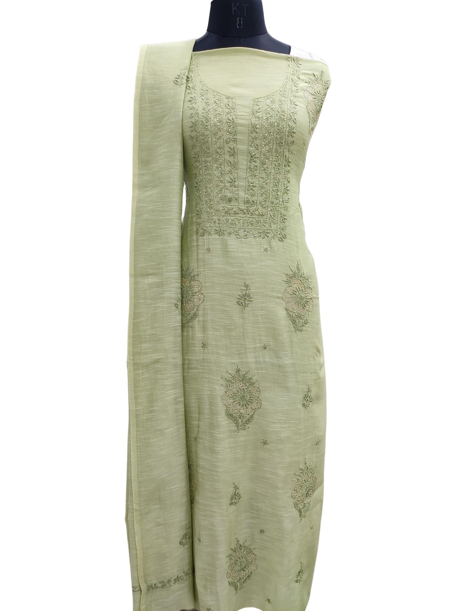 Shyamal Chikan Hand Embroidered Green Slub Chanderi Lucknowi Chikankari Unstitched Suit Piece with Mukaish work ( Set of 2 ) - S20301