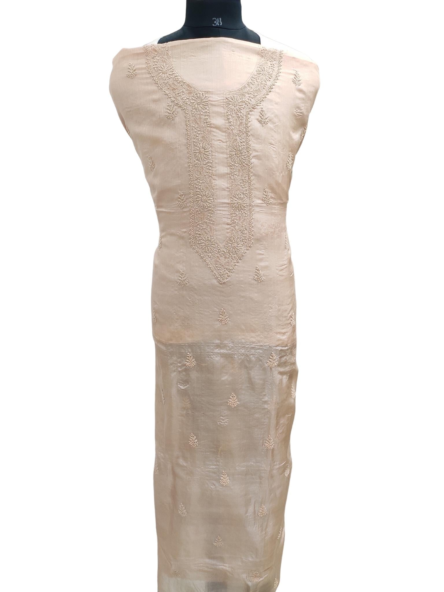Shyamal Chikan Hand Embroidered Beige Pure Tusser Silk Lucknowi Chikankari Unstitched Men's Kurta Piece – S20936