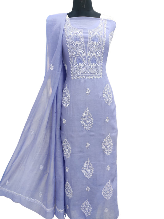 Shyamal Chikan Hand Embroidered Blue Mul Chanderi Lucknowi Chikankari Unstitched Suit Piece With Jaali Work (Kurta Dupatta Set) - S22969