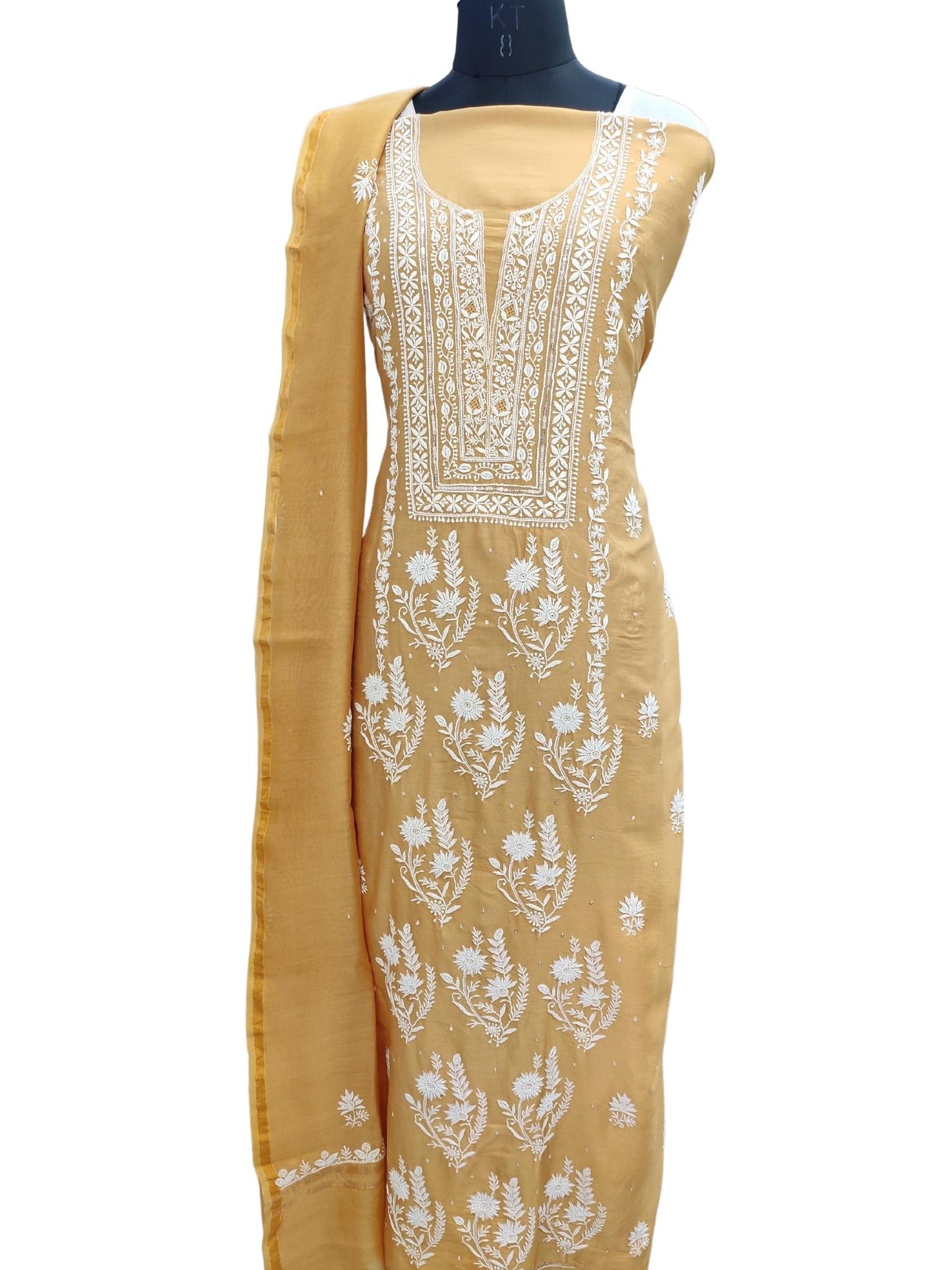 Shyamal Chikan Hand Embroidered Golden Yellow Chanderi Lucknowi Chikankari Unstitched Suit Piece with Pearl & Sequin Work (Kurta Dupatta Set) - S20707