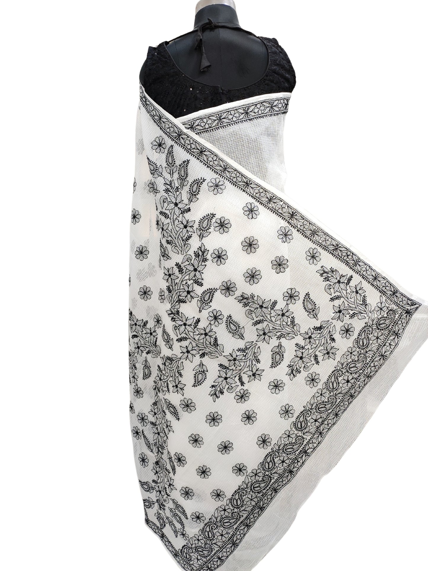 Shyamal Chikan Hand Embroidered White Kota Cotton Lucknowi Chikankari Saree With Blouse Piece - S22624