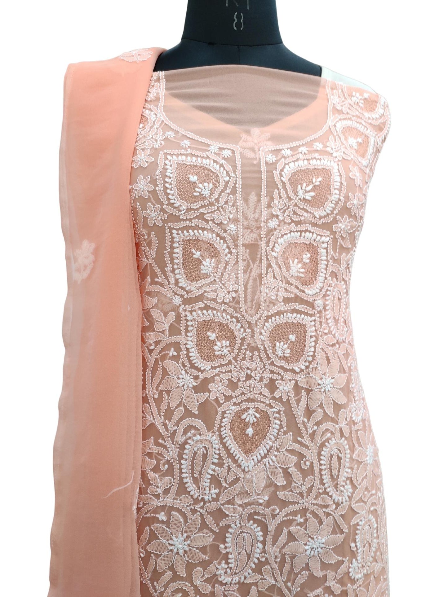 Shyamal Chikan Hand Embroidered Peach Georgette Lucknowi Chikankari Unstitched Suit Piece with Jaali work - S20238