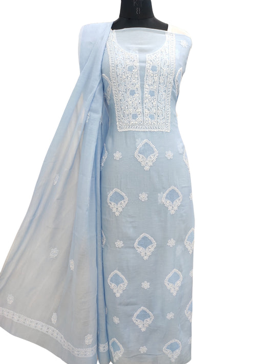 Shyamal Chikan Hand Embroidered Blue Mul Chanderi Lucknowi Chikankari Unstitched Suit Piece with Jaali Work (Kurta Dupatta Set) - S22871