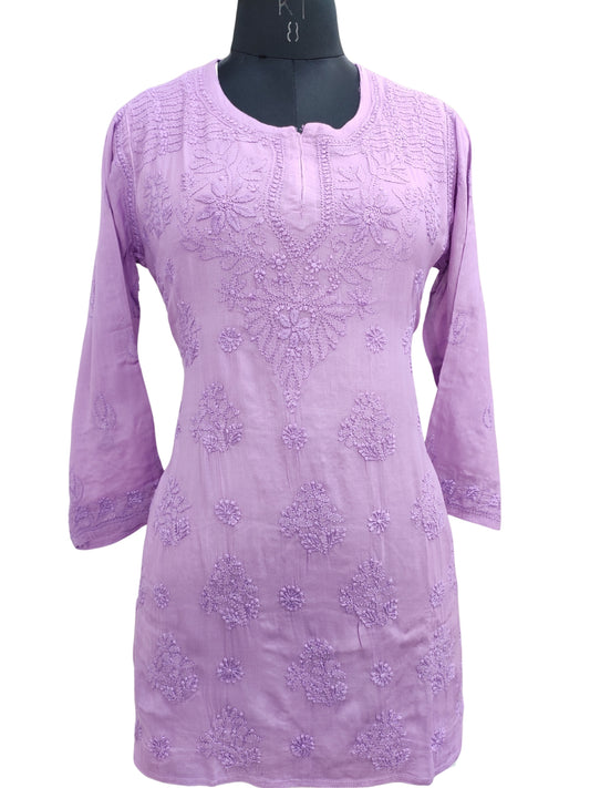 Shyamal Chikan Hand Embroidered Purple Pure Cotton Lucknowi Chikankari Short Top- S22935