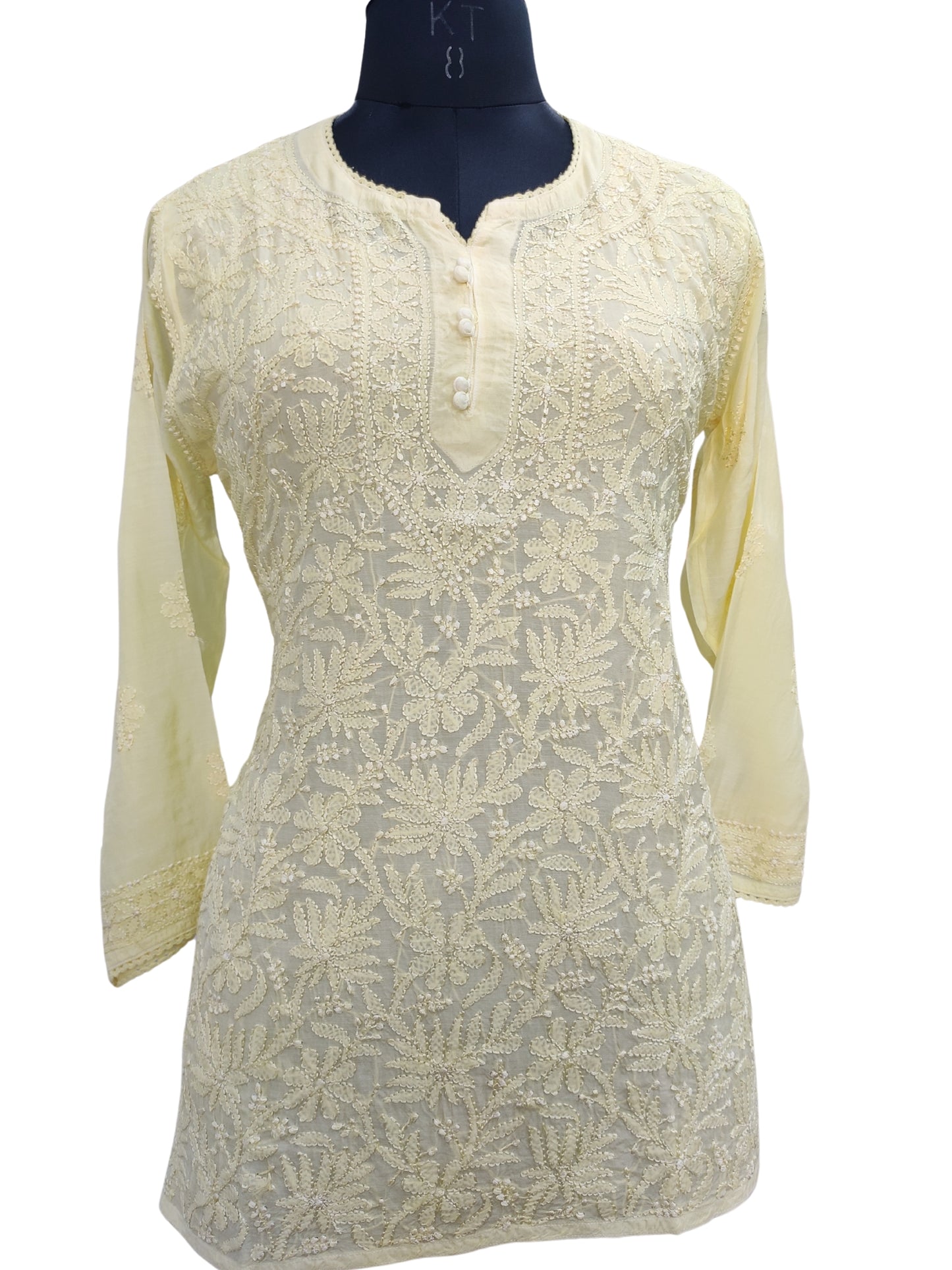 Shyamal Chikan Hand Embroidered Lemon Muslin Lucknowi Chikankari Short Top - 23492