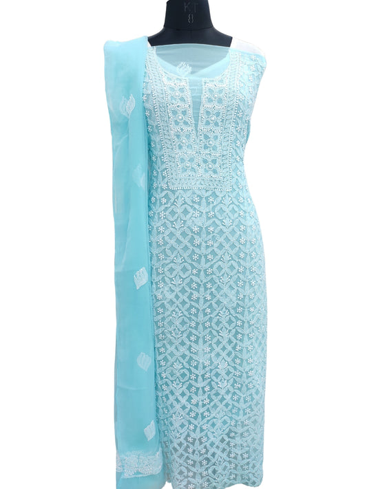 Shyamal Chikan Hand Embroidered Blue Georgette Lucknowi Chikankari Unstitched Suit Piece - 24044