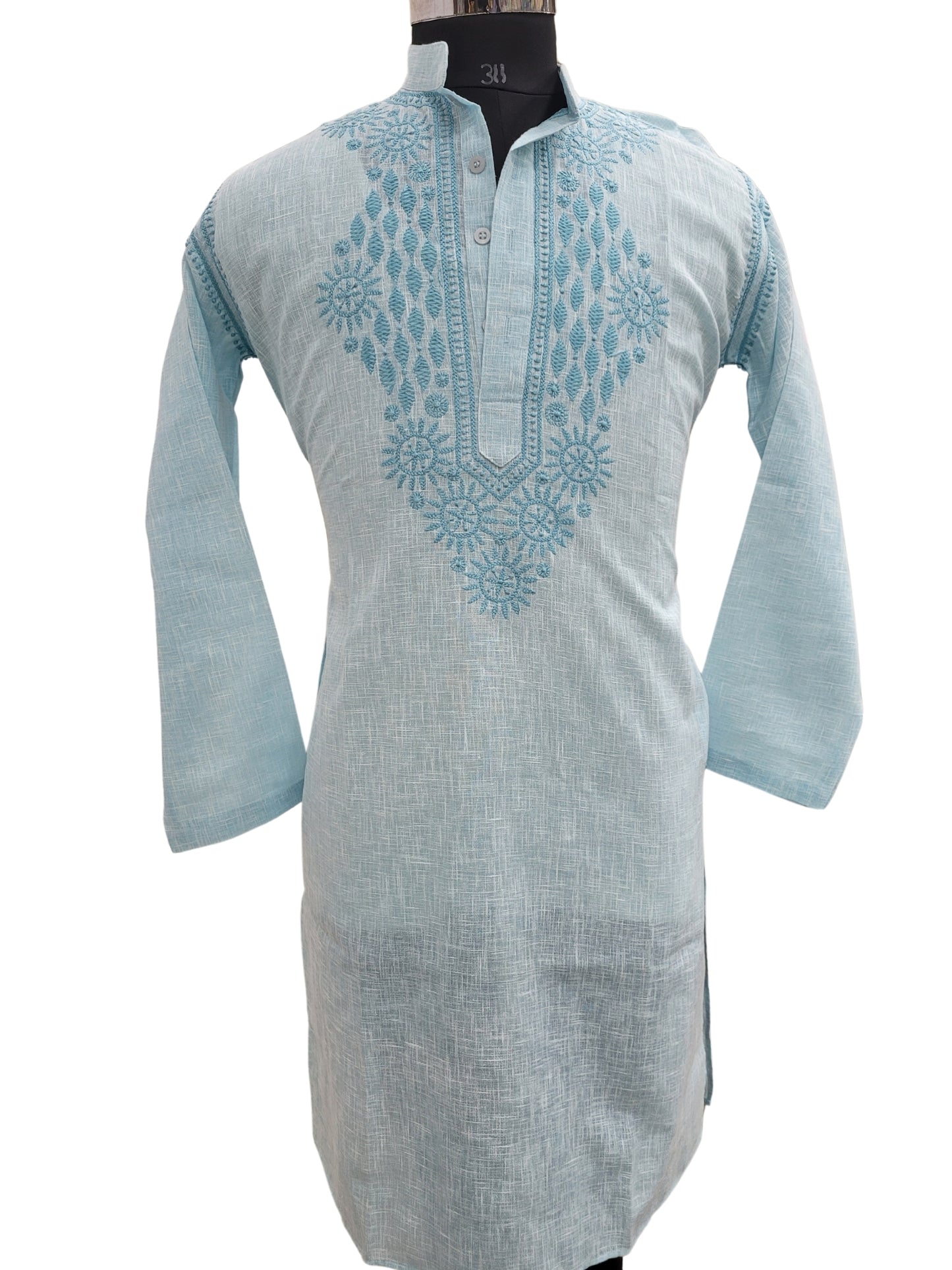 Shyamal Chikan Hand Embroidered Blue Cotton Lucknowi Chikankari Men's Kurta - S25186