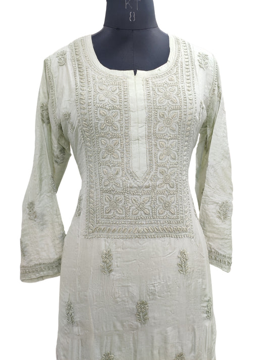 Shyamal Chikan Hand Embroidered Green Pure Tusser Silk Lucknowi Chikankari Kurti- S24400