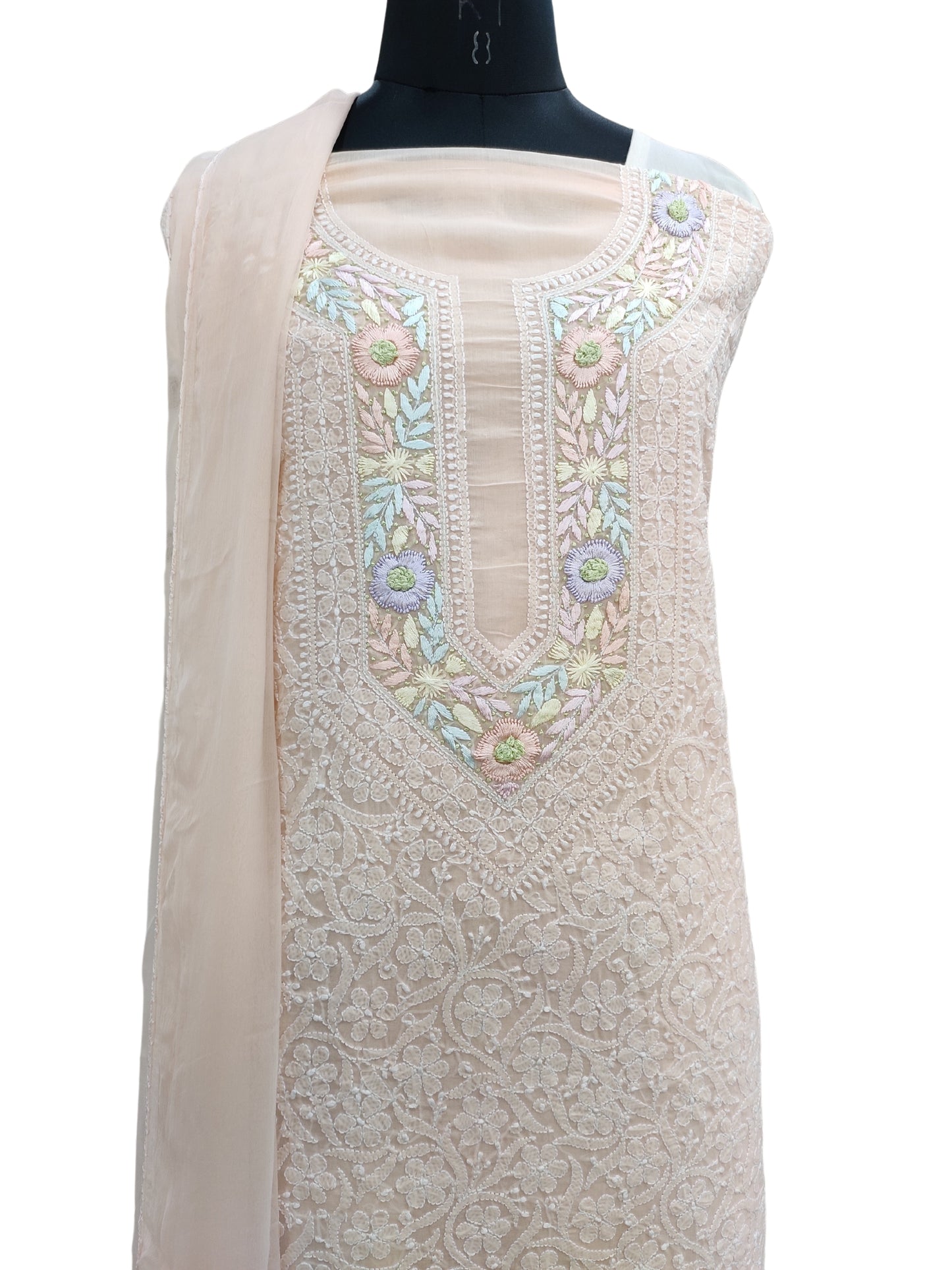 Shyamal Chikan Hand Embroidered Peach Cotton Lucknowi Chikankari Unstitched Suit Piece With Parsi Work - S24589