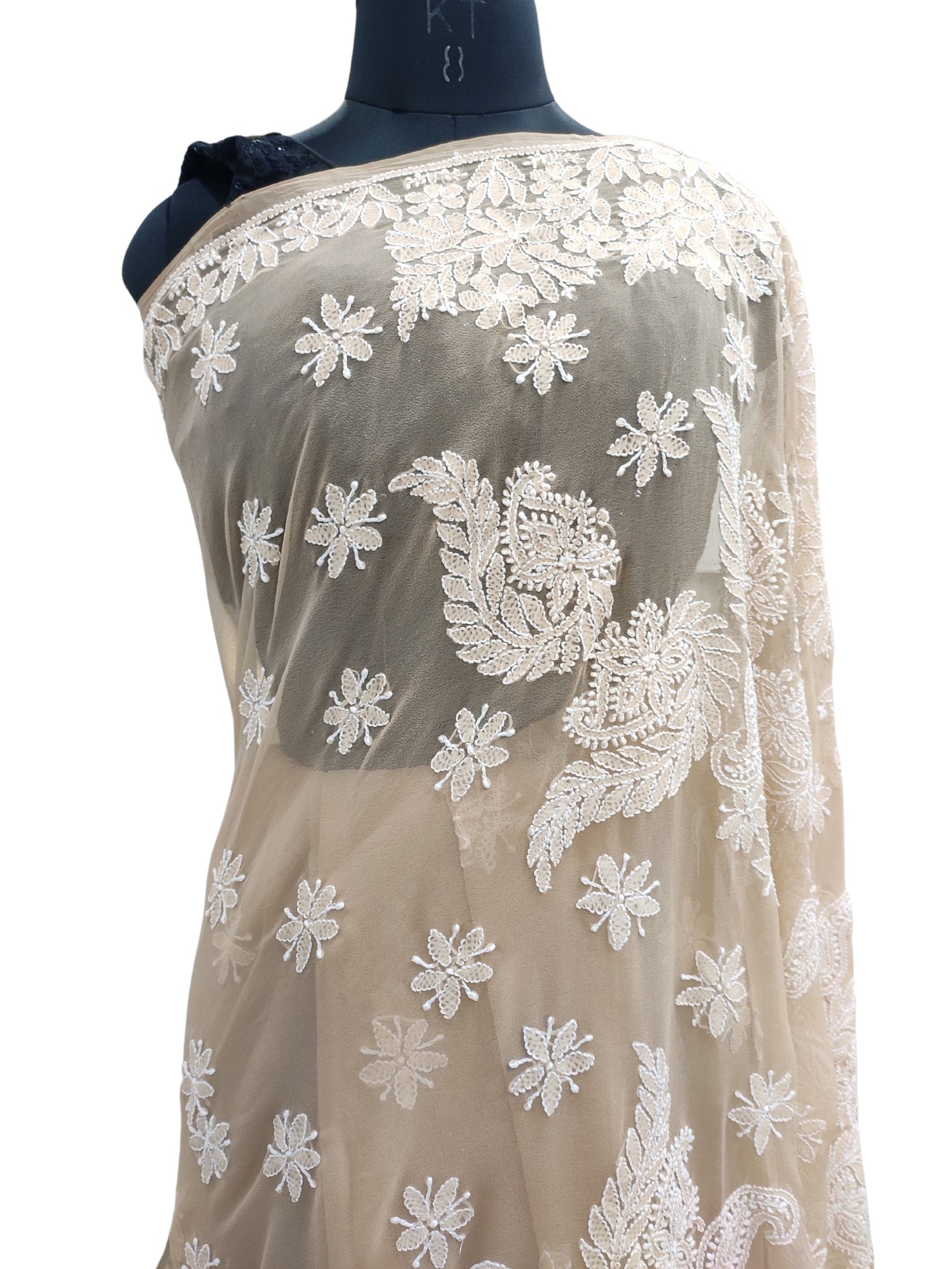 Shyamal Chikan Hand Embroidered Brown Georgette Lucknowi Chikankari Skirt Saree With Blouse Piece - S25238