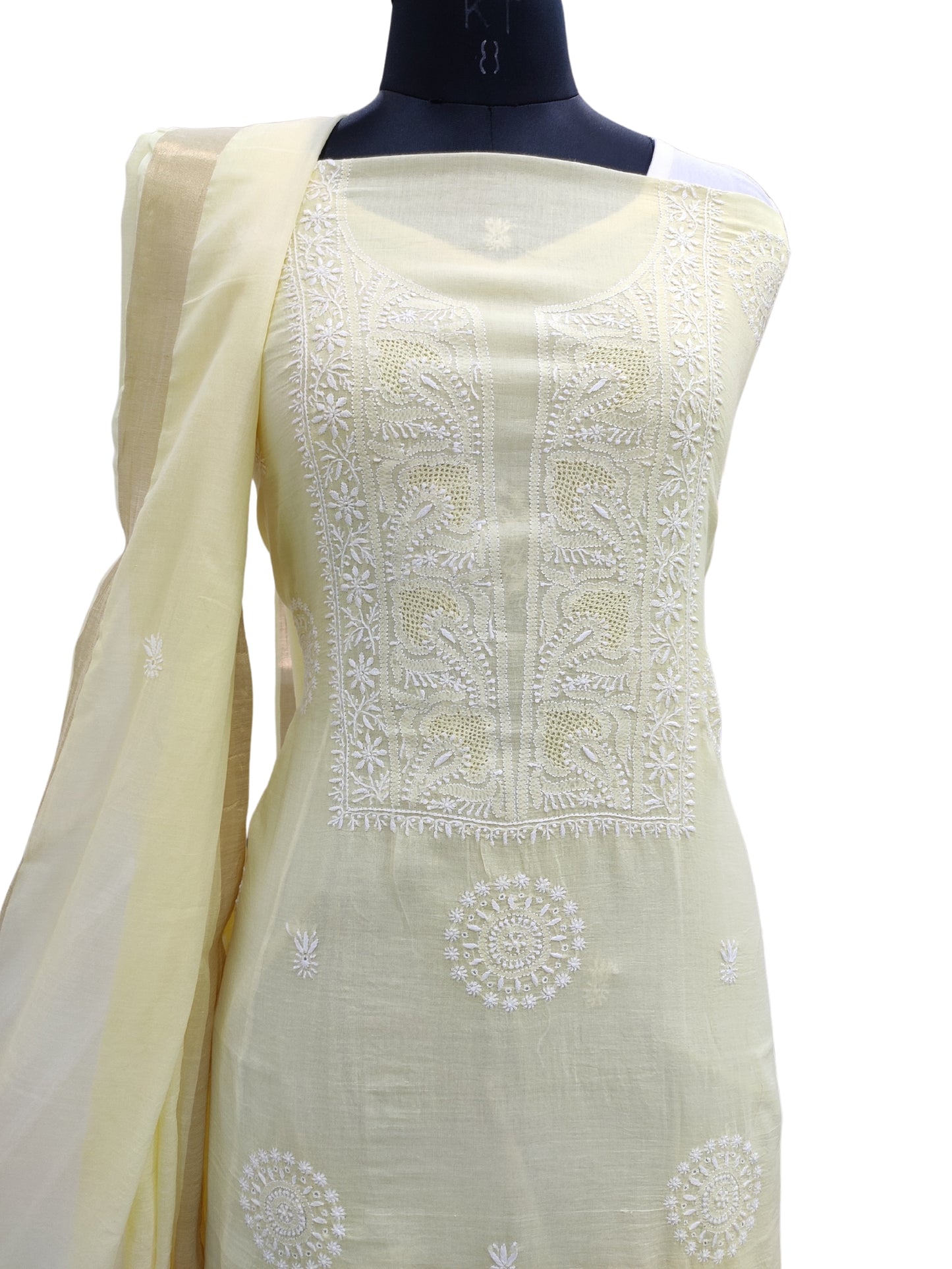 Shyamal Chikan Hand Embroidered Lemon Mangalgiri Cotton Lucknowi Chikankari Unstitched Suit Piece ( Kurta Dupatta Set ) - S21918