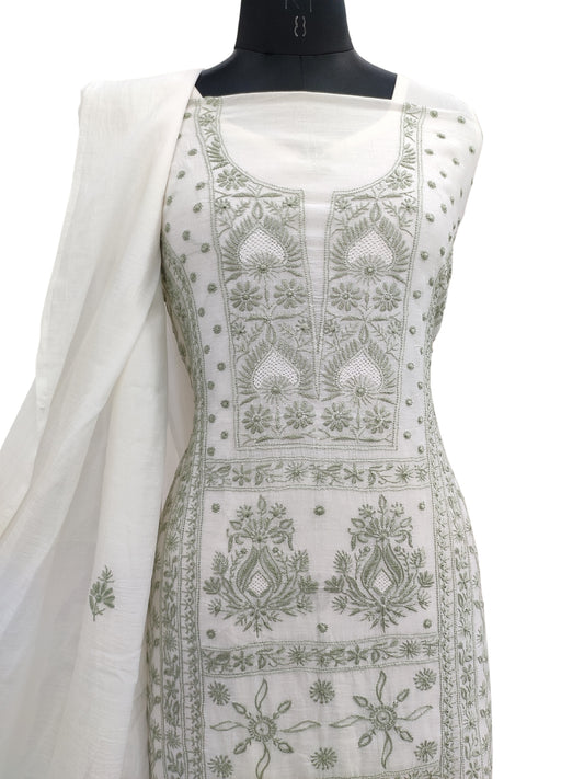 Shyamal Chikan Hand Embroidered White Mul Chanderi Lucknowi Chikankari Unstitched Suit Piece (Kurta Dupatta Set) - S24342