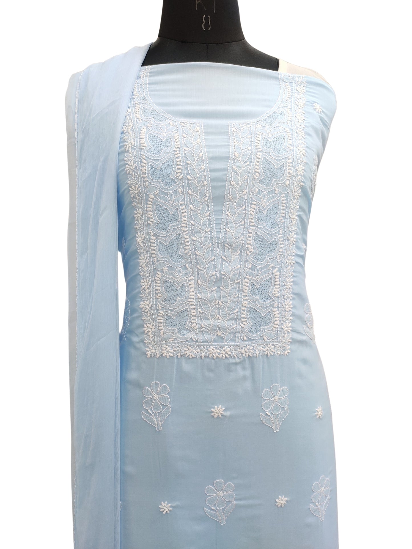 Shyamal Chikan Hand Embroidered Blue Cotton Lucknowi Chikankari Unstitched Suit Piece - S25271