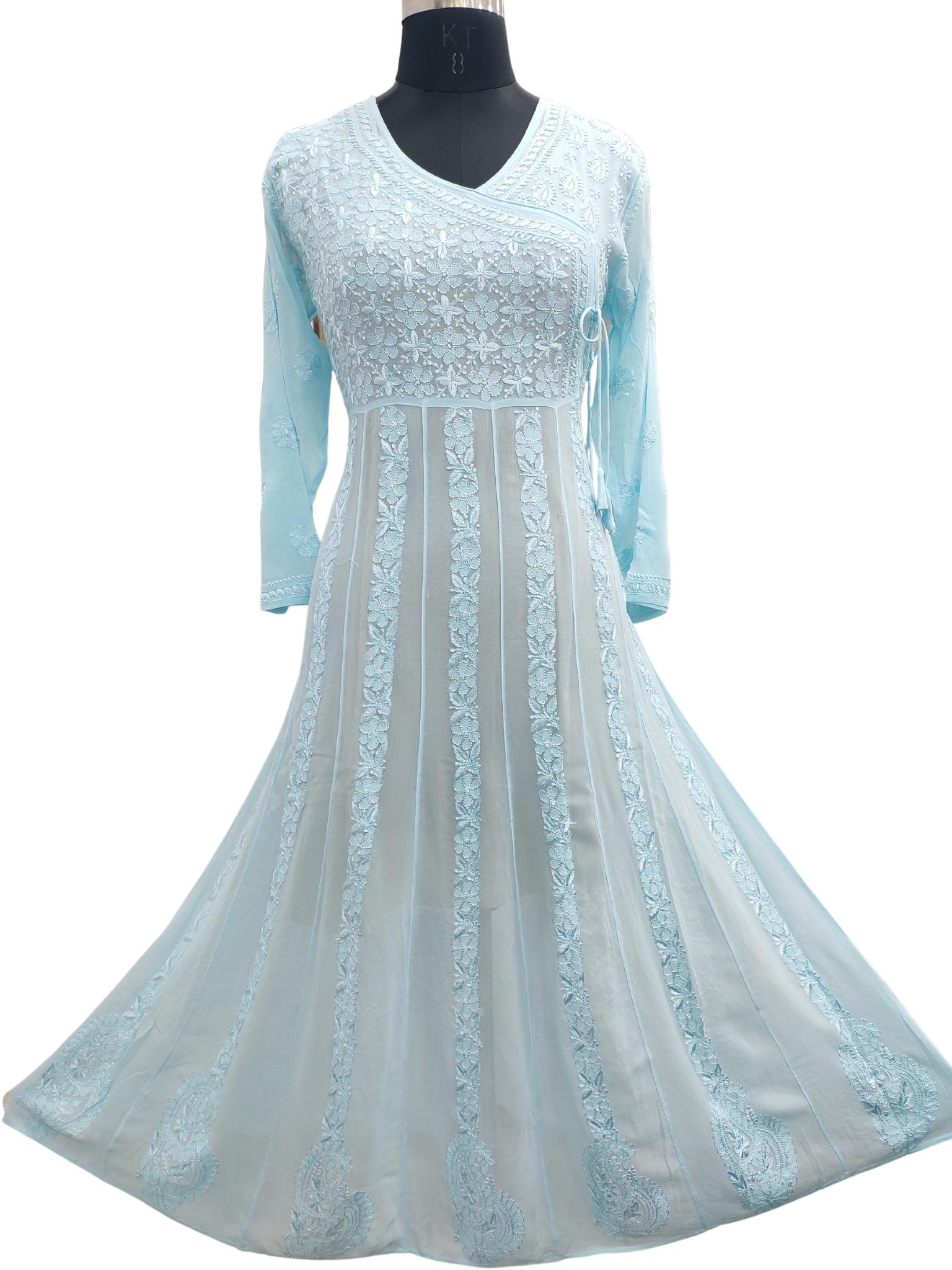 Shyamal Chikan Hand Embroidered Blue Viscose Georgette Lucknowi Chikankari Anarkali Gown - S20431