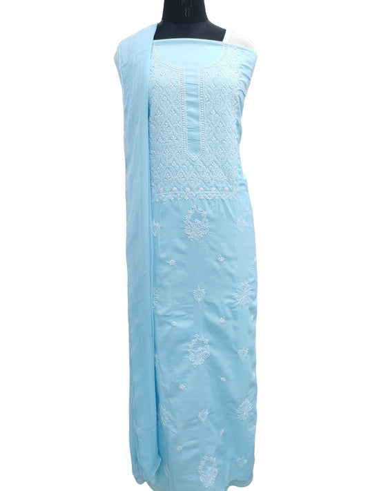 Shyamal Chikan Hand Embroidered Blue Cotton Lucknowi Chikankari Unstitched Suit Piece With Jaali Work - S22601