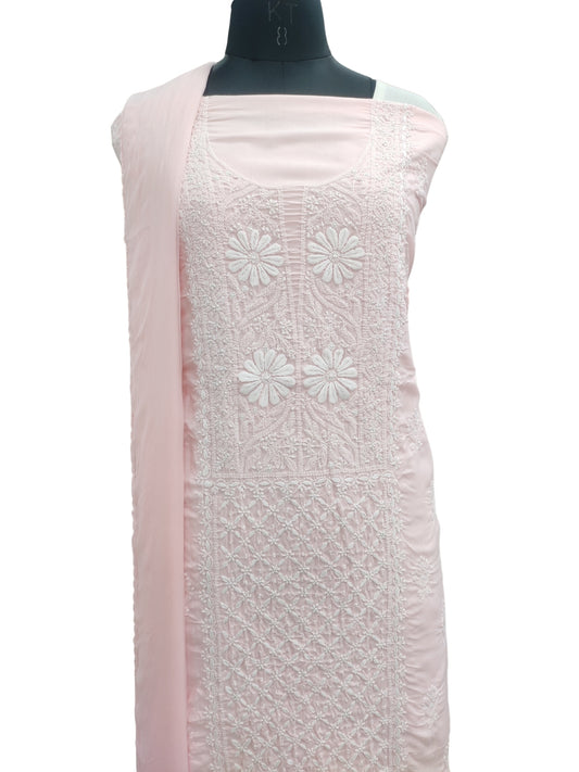 Shyamal Chikan Hand Embroidered Pink Cotton Lucknowi Chikankari Unstitched Suit Piece With Jaali Work- S26720