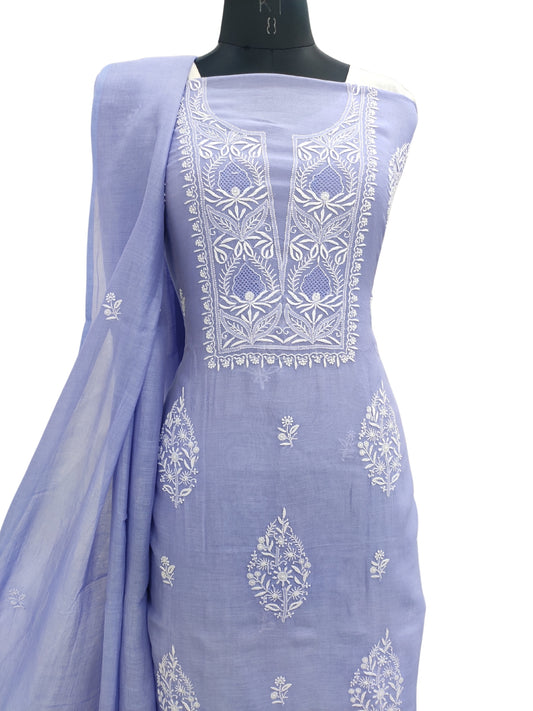 Shyamal Chikan Hand Embroidered Blue Mul Chanderi Lucknowi Chikankari Unstitched Suit Piece With Jaali Work (Kurta Dupatta Set) - S22969