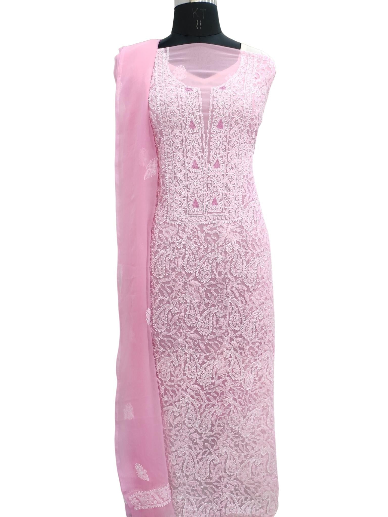 Shyamal Chikan Hand Embroidered Pink Georgette Lucknowi Chikankari Unstitched Suit Piece - S20227