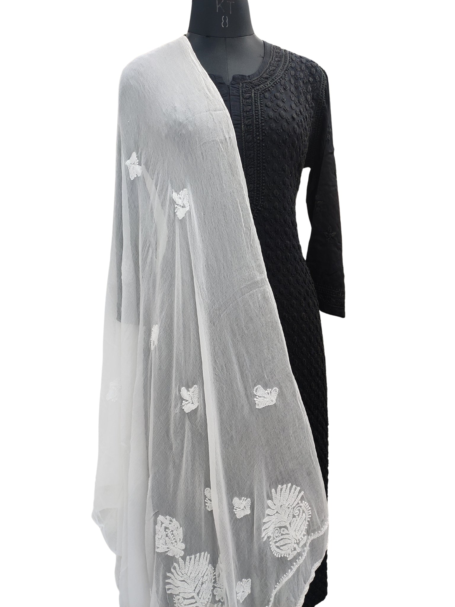 Shyamal Chikan Hand Embroidered White Pure Chiffon Lucknowi Chikankari Dupatta - 23345