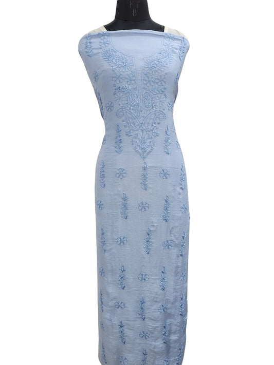 Shyamal Chikan Hand Embroidered Blue Muslin Lucknowi Chikankari Unstitched Kurta Piece - S24891