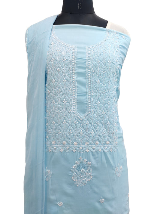 Shyamal Chikan Hand Embroidered Blue Cotton Lucknowi Chikankari Unstitched Suit Piece With Jaali Work - S22601