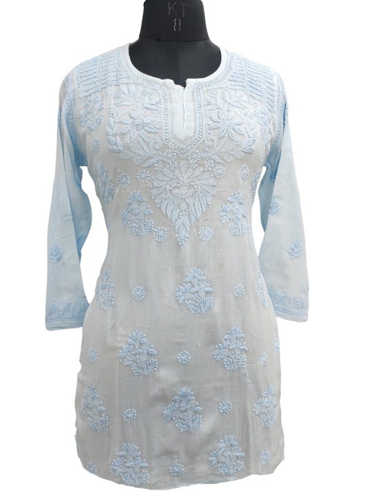 Shyamal Chikan Hand Embroidered Blue Pure Cotton Lucknowi Chikankari Short Top- S22678