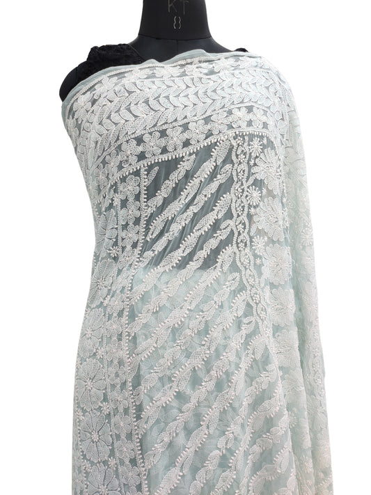 Shyamal Chikan Hand Embroidered Blue Georgette Lucknowi Chikankari Full Jaal Saree With Blouse Piece - S26385