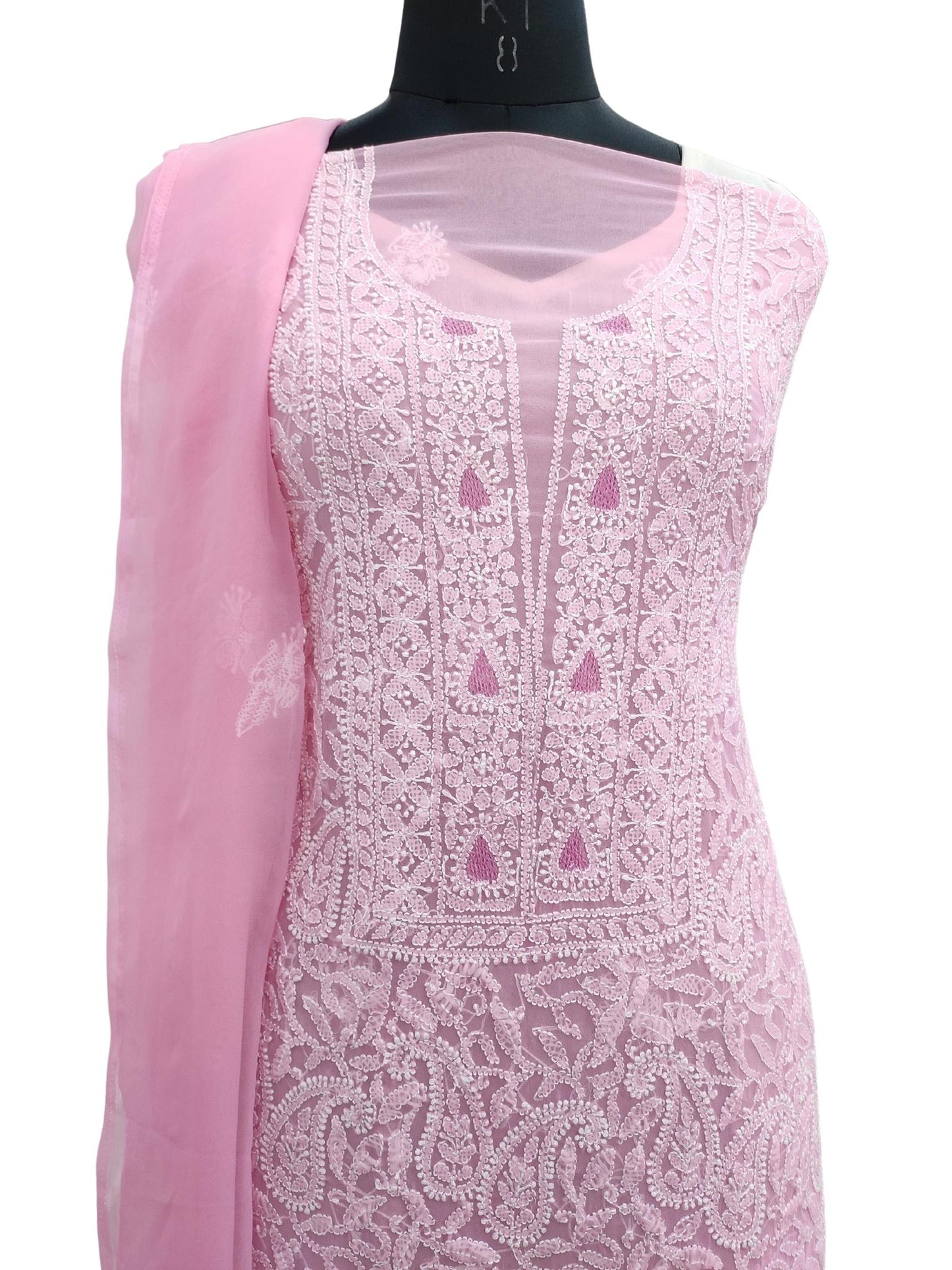 Shyamal Chikan Hand Embroidered Pink Georgette Lucknowi Chikankari Unstitched Suit Piece - S20227