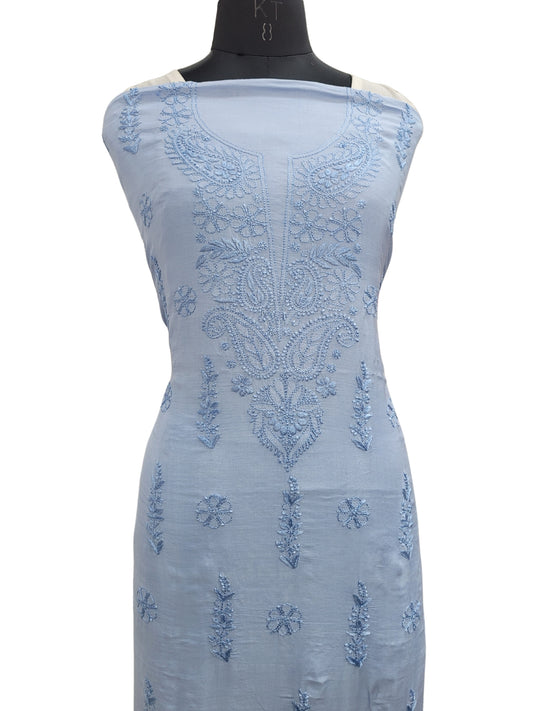 Shyamal Chikan Hand Embroidered Blue Muslin Lucknowi Chikankari Unstitched Kurta Piece - S24891