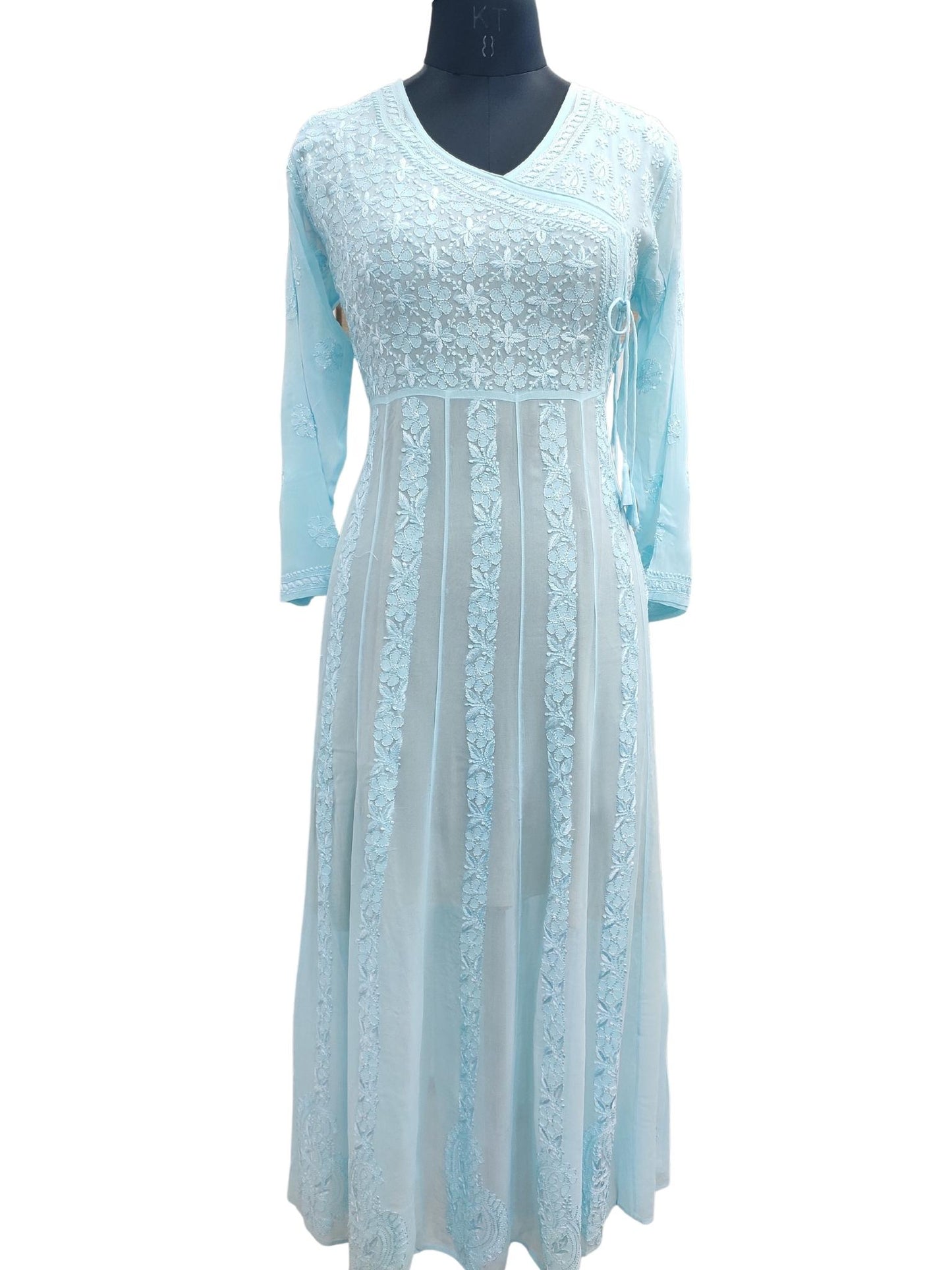 Shyamal Chikan Hand Embroidered Blue Viscose Georgette Lucknowi Chikankari Anarkali Gown - S20431