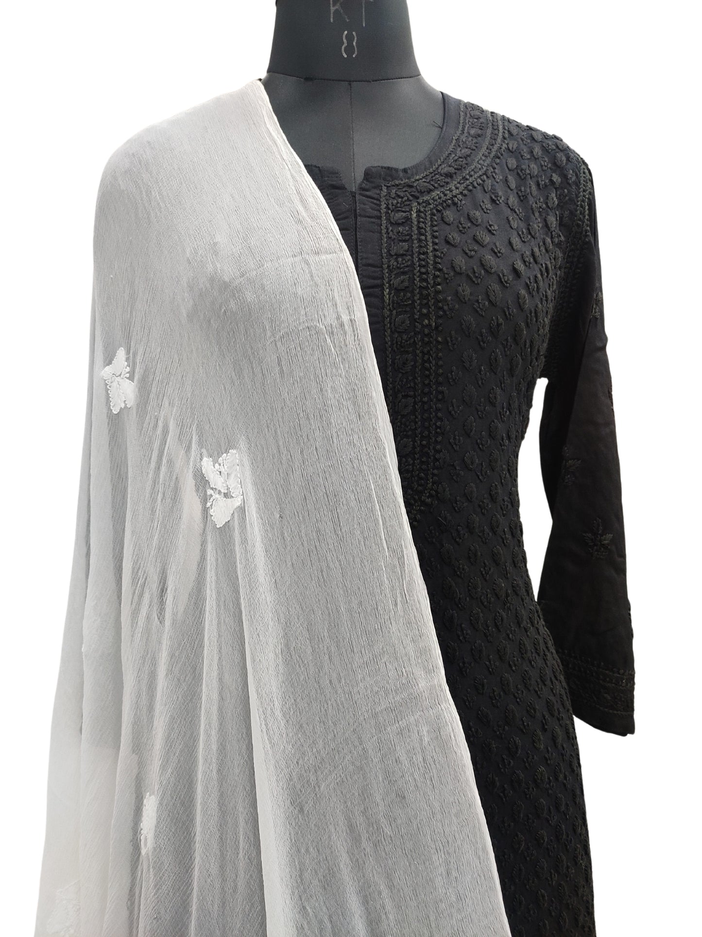 Shyamal Chikan Hand Embroidered White Pure Chiffon Lucknowi Chikankari Dupatta - 23345