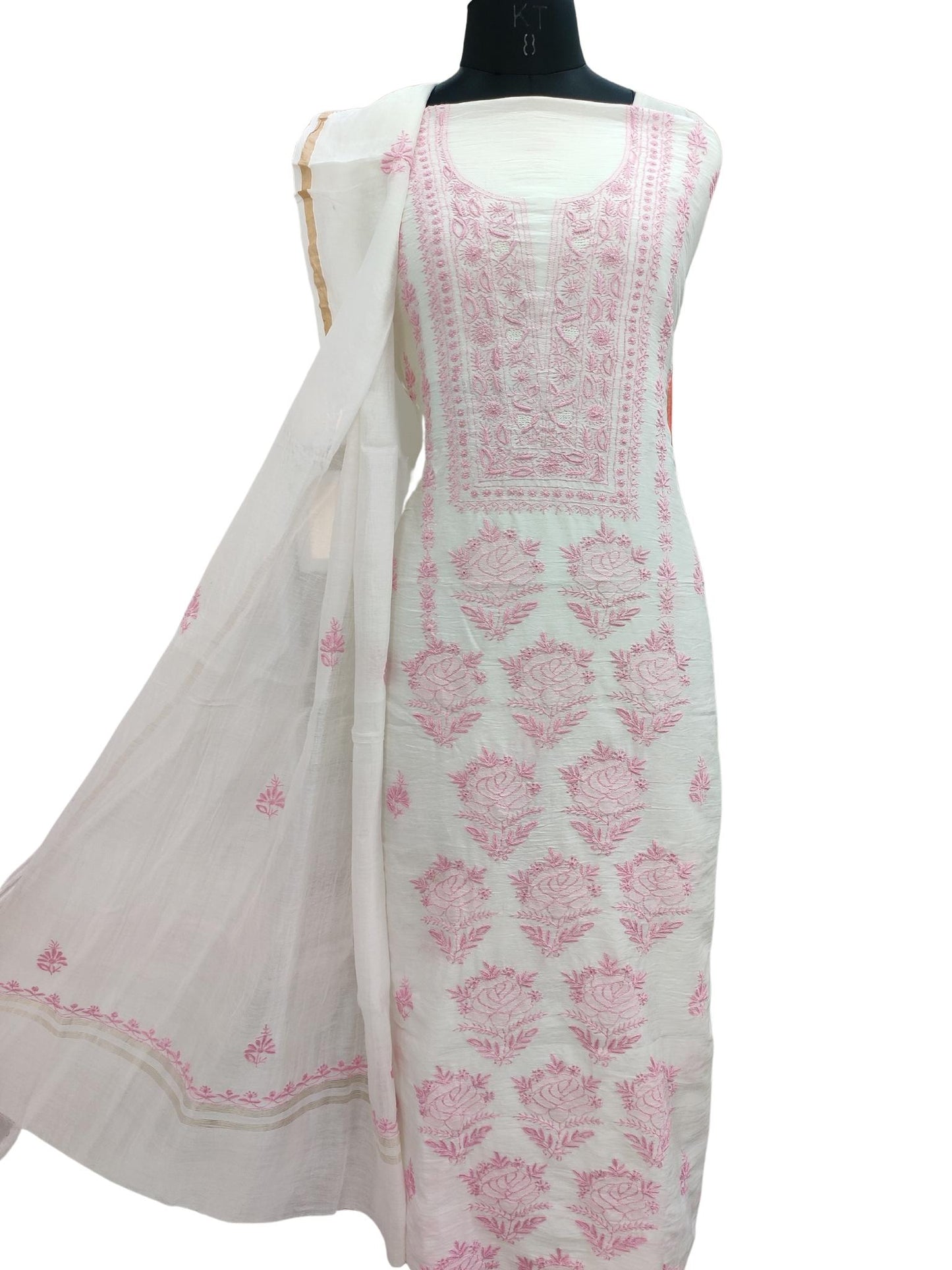 Shyamal Chikan Hand Embroidered White Pure Chanderi Silk Lucknowi Chikankari Unstitched Suit Piece ( Set of 2 ) - S20075