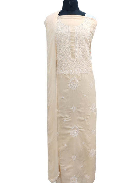 Shyamal Chikan Hand Embroidered Beige Cotton Lucknowi Chikankari Unstitched Suit Piece With Jaali Work - S22600