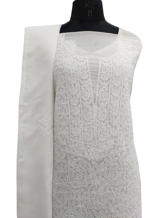 Shyamal Chikan Hand Embroidered White Cotton Lucknowi Chikankari Unstitched Suit Piece With Cotton Dupatta - S21850