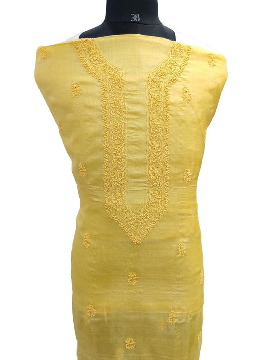 Shyamal Chikan Hand Embroidered Yellow Pure Tusser Silk Lucknowi Chikankari Unstitched Men's Kurta Piece – S20931