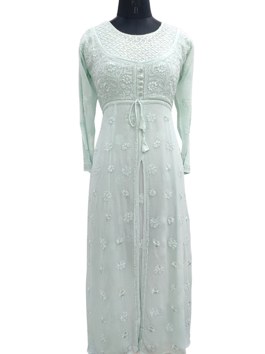 Shyamal Chikan Hand Embroidered Green Viscose Georgette Lucknowi Chikankari Anarkali Gown - S20350