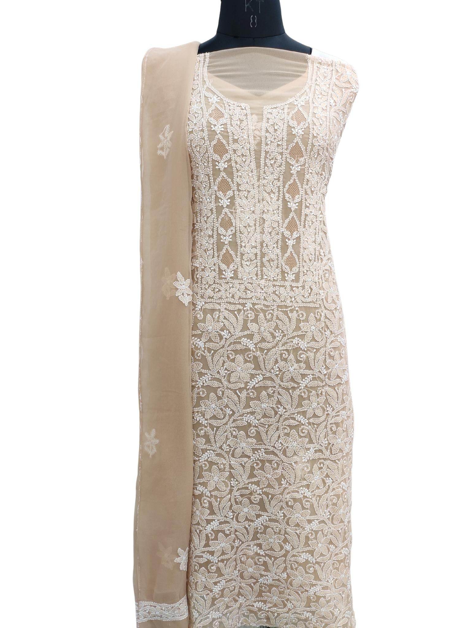 Shyamal Chikan Hand Embroidered Beige Georgette Lucknowi Chikankari Unstitched Suit Piece - S20233