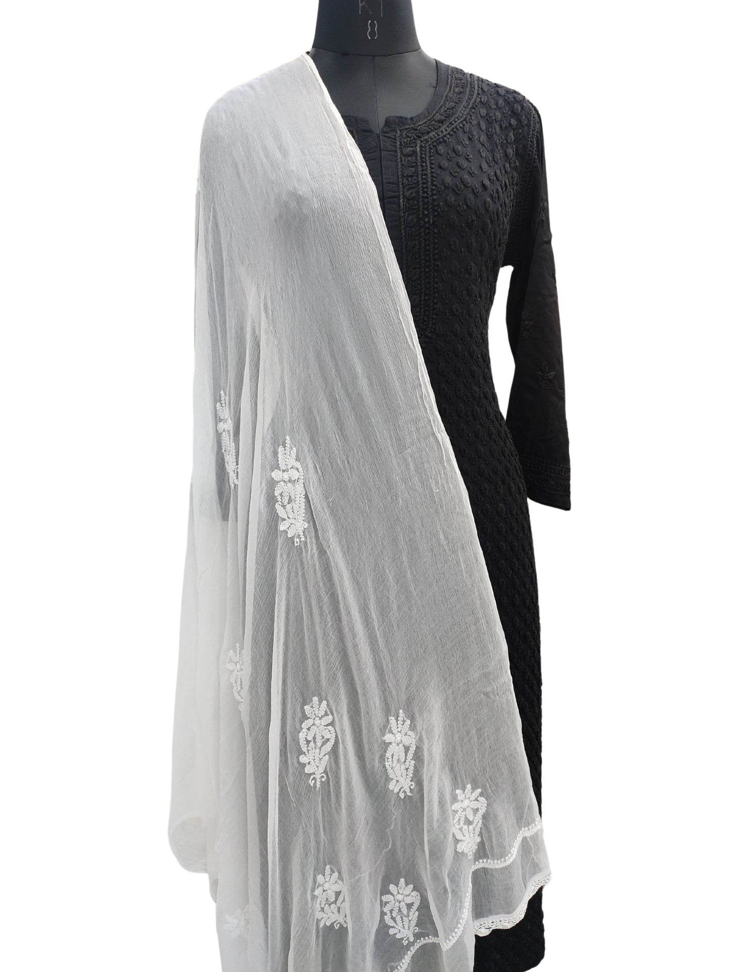 Shyamal Chikan Hand Embroidered White Pure Chiffon Lucknowi Chikankari Dupatta - 23346