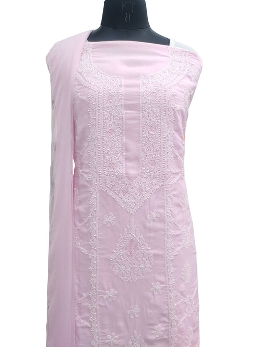 Shyamal Chikan Hand Embroidered Pink Cotton Lucknowi Chikankari Unstitched Suit Piece - S26712