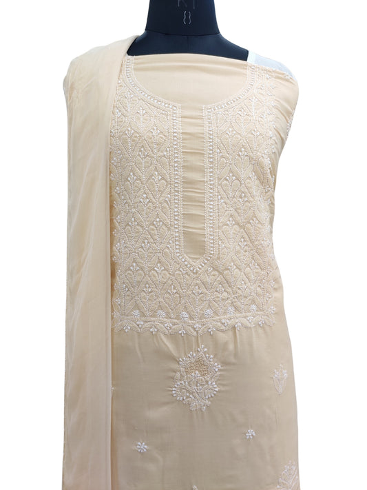 Shyamal Chikan Hand Embroidered Beige Cotton Lucknowi Chikankari Unstitched Suit Piece With Jaali Work - S22591
