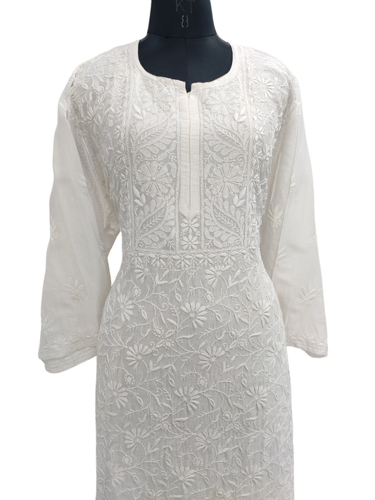 Shyamal Chikan Hand Embroidered White Cotton Silk Lucknowi Chikankari Semi Stitched Kurti- 23647