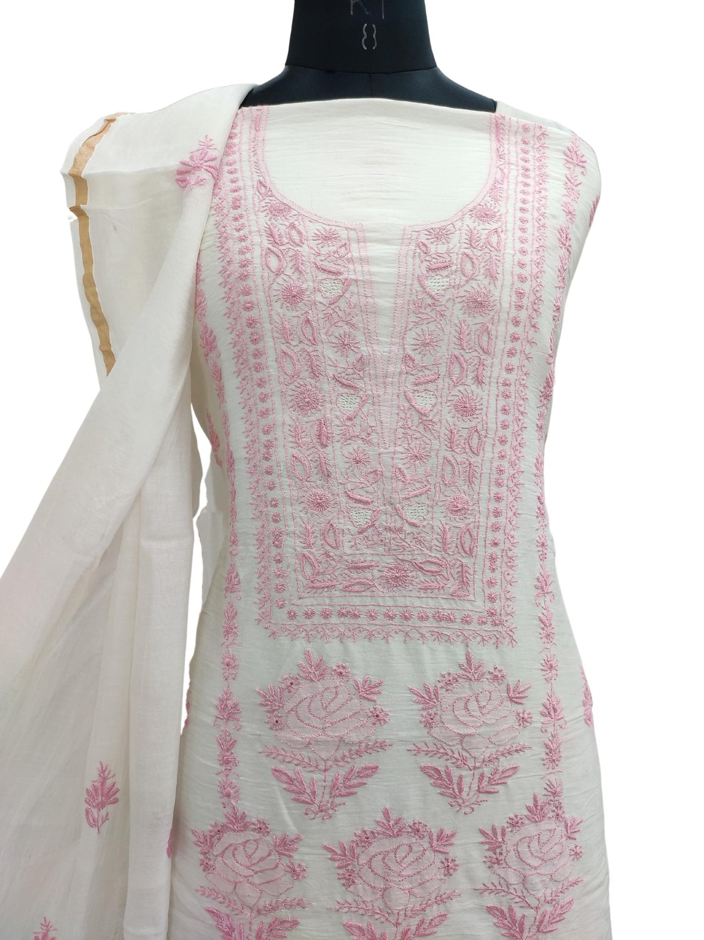 Shyamal Chikan Hand Embroidered White Pure Chanderi Silk Lucknowi Chikankari Unstitched Suit Piece ( Kurta Dupatta Set ) - S20075