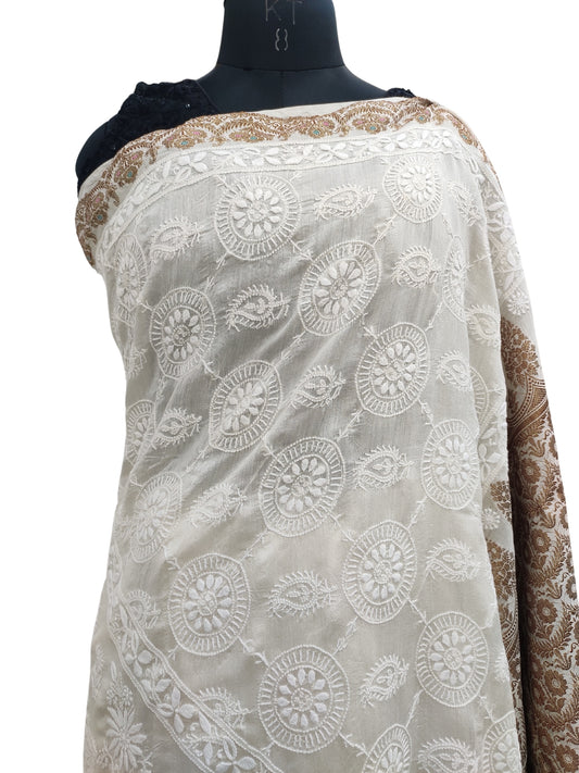 Shyamal Chikan Hand Embroidered White Pure Silk Lucknowi Chikankari Saree With Blouse Piece- S22550