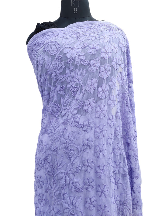 Shyamal Chikan Hand Embroidered Purple Georgette Lucknowi Chikankari Shoulder Jaal Saree With Blouse Piece - S26074