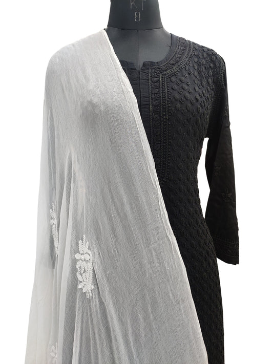 Shyamal Chikan Hand Embroidered White Pure Chiffon Lucknowi Chikankari Dupatta - 23346