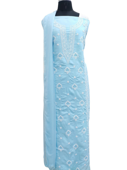 Shyamal Chikan Hand Embroidered Blue Cotton Lucknowi Chikankari Unstitched Suit Piece With Jaali Work - S22597