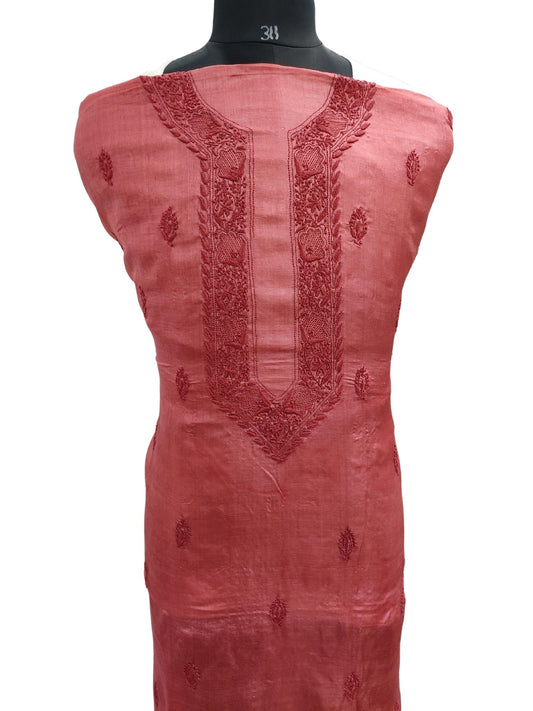 Shyamal Chikan Hand Embroidered Red Pure Tusser Silk Lucknowi Chikankari Unstitched Men's Kurta Piece – S20930