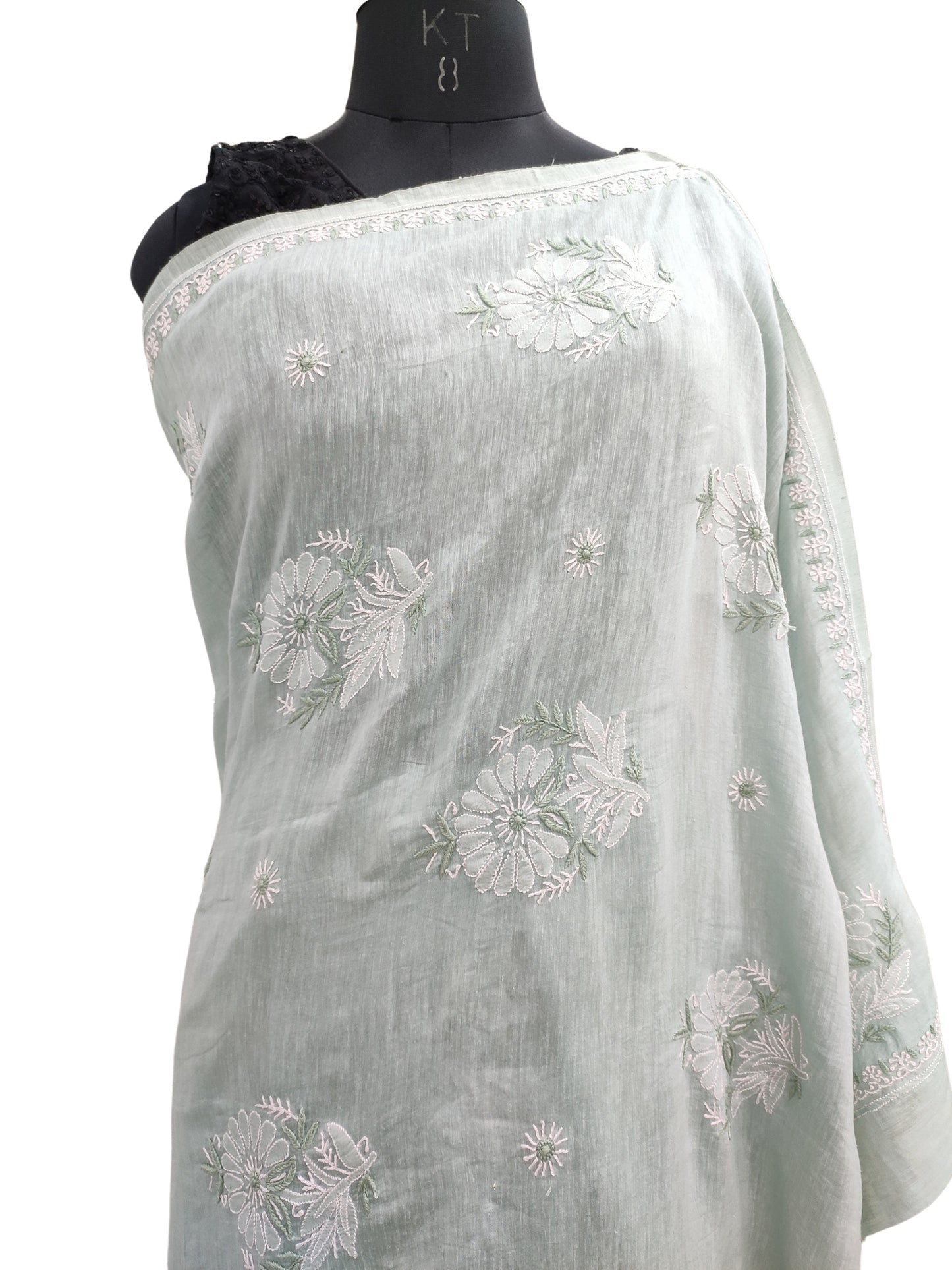 Shyamal Chikan Hand Embroidered Green Pure Lenin Lucknowi Chikankari Saree With Blouse Piece- S22885