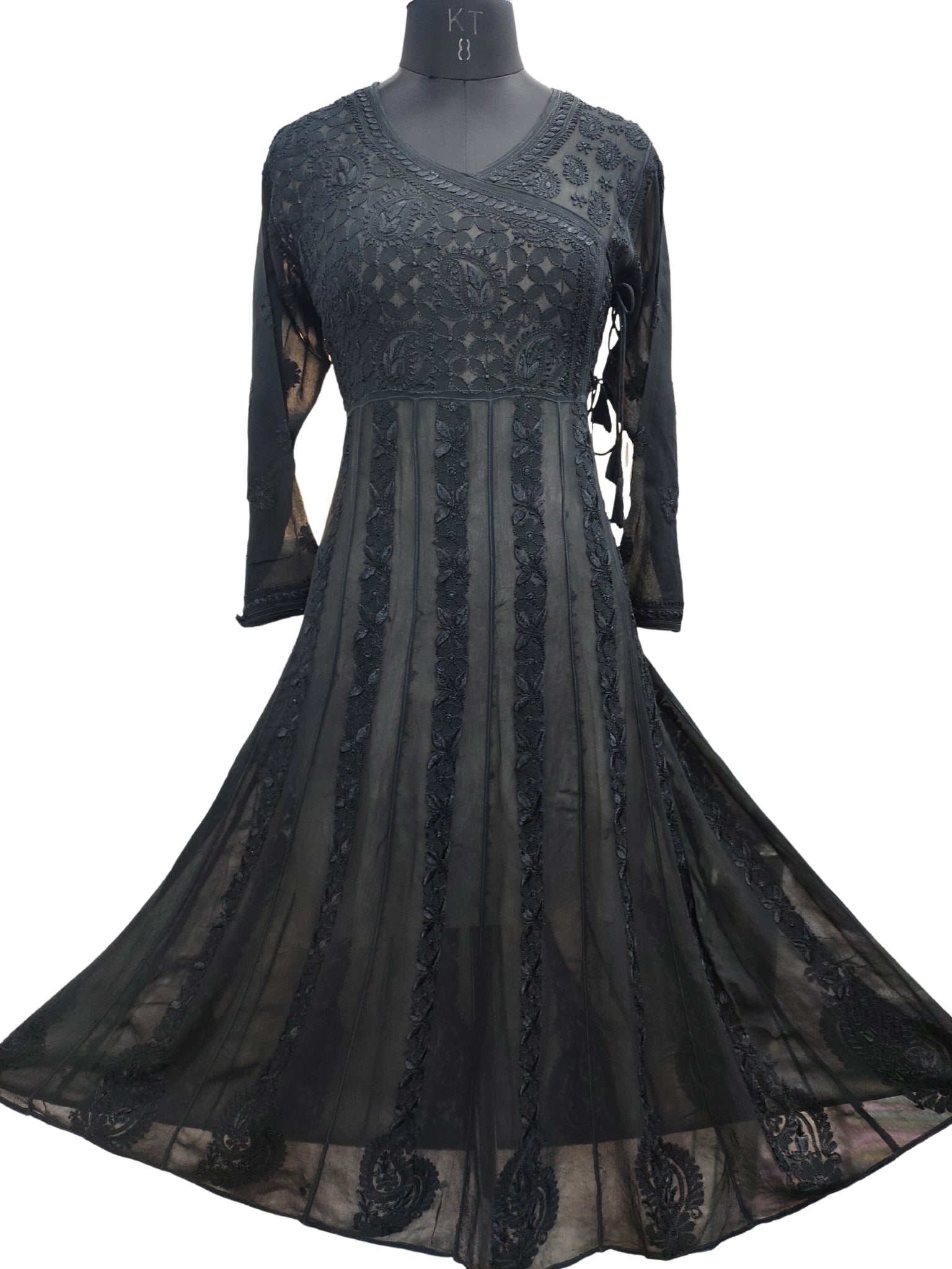 Shyamal Chikan Hand Embroidered Black Viscose Georgette Lucknowi Chikankari Anarkali Gown - S19527