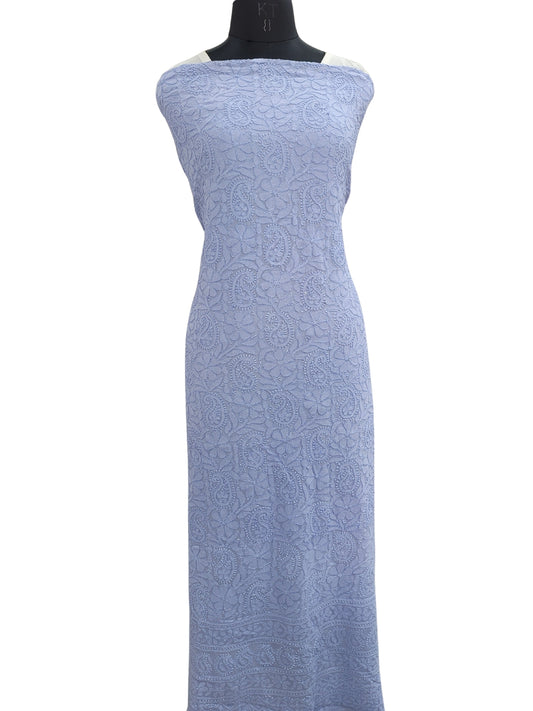 Shyamal Chikan Hand Embroidered Blue Viscose Georgette Lucknowi Chikankari Unstitched Kurta Piece- S19677